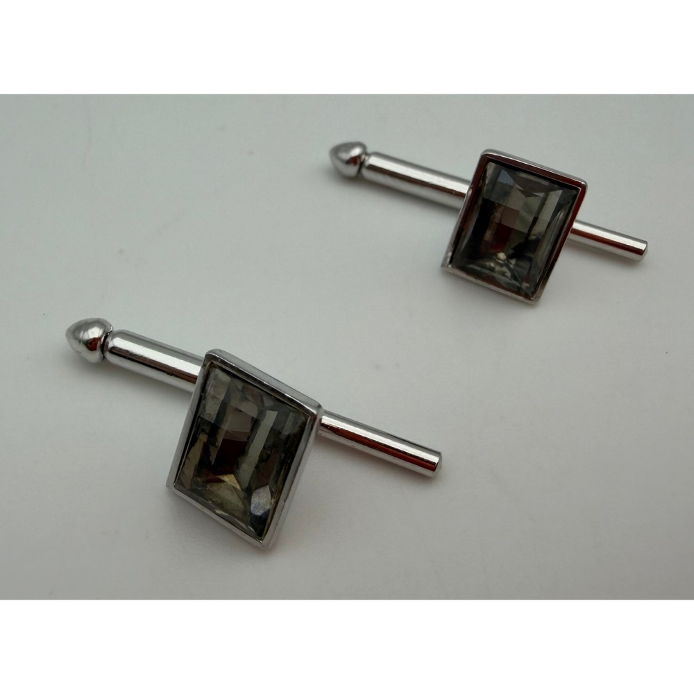 Vintage Silver Tone Smoky Grey Emerald Cut Crystal Fixed Bar Cufflinks Q011